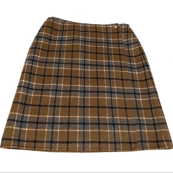 Alexandra Bartlett Brown Blue Plaid Wool Angora Knee A Line Wrap Skirt - Picture 11 of 12